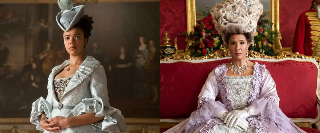 Duas versões da Rainha Charlotte: India Ria Amarteifio e Golda Rosheuvel