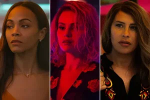 Atrizes principais de Emilia Pérez - da esquerda à direita - Zoe Saldana, Selena Gomez e Karla Sofía Gascón