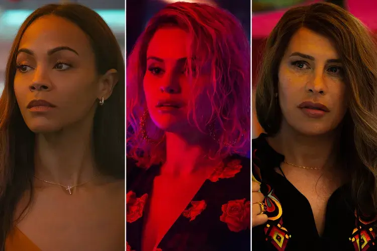 Atrizes principais de Emilia Pérez - da esquerda à direita - Zoe Saldana, Selena Gomez e Karla Sofía Gascón (Créditos: Divulgação)