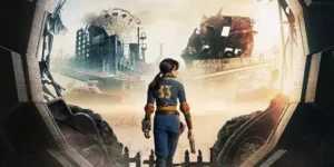 Uma mulher vestida com o Vault 33 jumpsuit, vista de costas, está em uma paisagem pós-apocalíptica. À distância, há uma roda-gigante e edifícios destruídos.