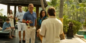 Família Ratliff em The White Lotus: Lochlan (Sam Nivola), Piper (Sarah Catherine Hook), Saxon (Patrick Schwarzenegger), Timothy (Jason Isaacs) e Victoria (Parker Posey)