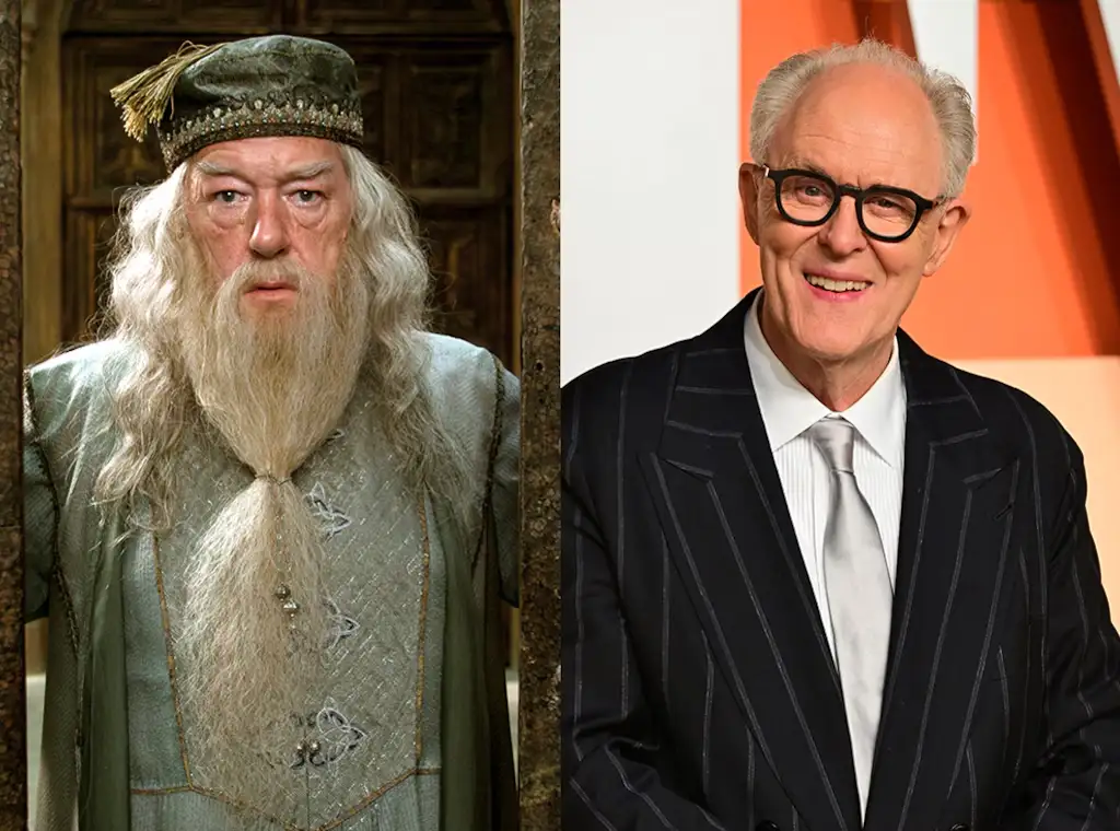 Michael Gambon as Albus Dumbledore in the Harry Potter saga, and John Lithgow who will portray him in the HBO series