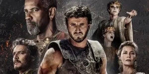 Póster promocional de Gladiador 2 con los rostros de Paul Mescal, Denzel Washington, Pedro Pascal, Connie Nielsen y otros miembros del reparto sobre un fondo de ruinas romanas.