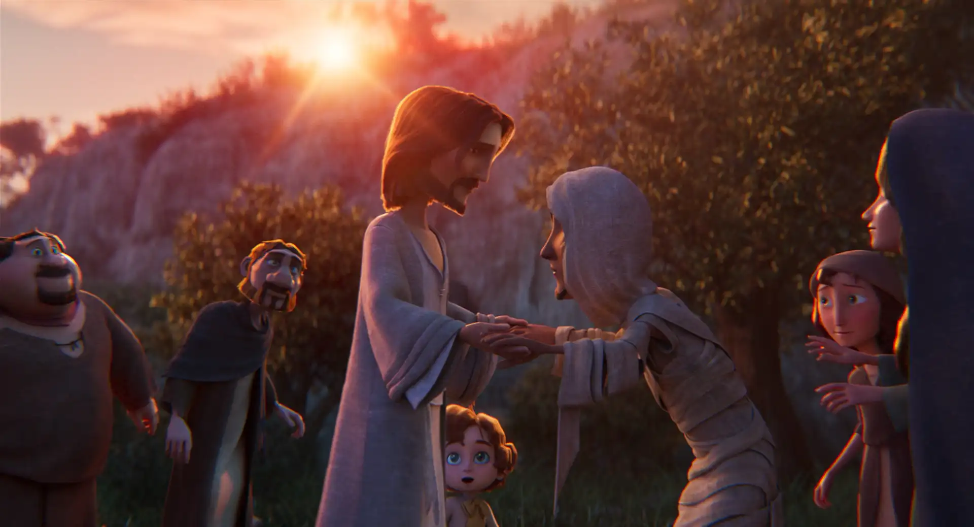 Jesús realiza un milagro frente a Walter Dickens, en escena de El Rey de Reyes, animación de Angel Studios (Créditos: Heaven Content)