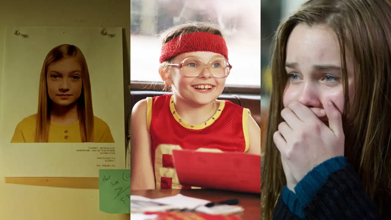O cinema há muito tempo explora os perigos da adultização sob diferentes óticas. Da esquerda para a direita: a criação de uma persona digital em 'A Garota Artificial' (2022), a pressão por performance em 'Pequena Miss Sunshine' (2006) e a vulnerabilidade online em 'Confiar' (2010)(Créditos: Divulgação)