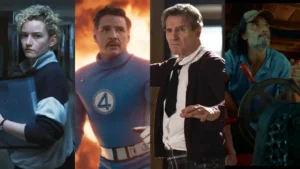 Montagem com os destaques da Semana do Cinema: Pedro Pascal em 'Quarteto Fantástico', Liam Neeson em 'Corra que a Polícia Vem Aí', Julia Garner em 'A Hora do Mal' e Rodrigo Santoro em cena do filme 'O Último Azul'