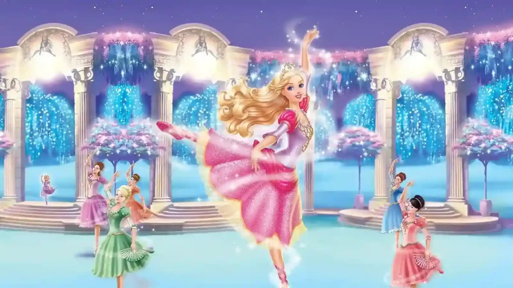 Barbie con vestido rosa brillante bailando en escenario mágico con otras bailarinas y columnas blancas
