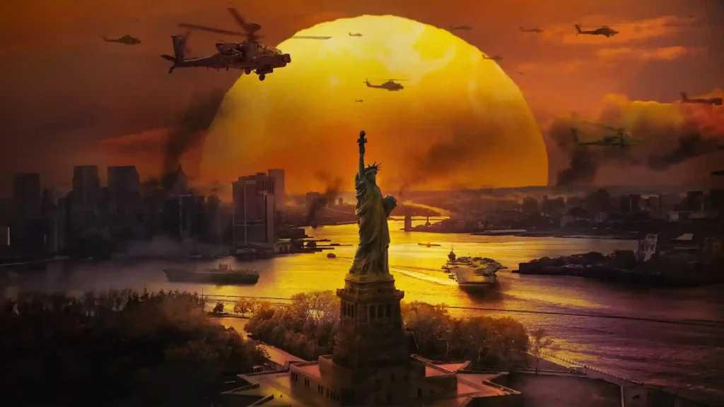Statue of Liberty with military helicopters and ships converging on New York City at sunset during conflict
