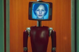 Robô com tela exibindo rosto humano em Cassandra