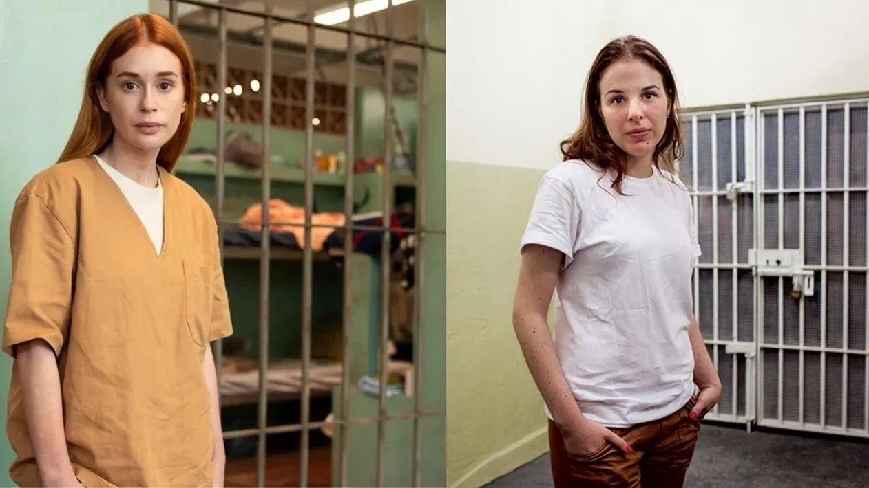 Marina Ruy Barbosa (esquerda) como Suzane von Richthofen (direita) em Tremembé