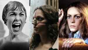 Montagem de terror feminista mostrando a evolução da mulher no gênero: Janet Leigh em Psicose (Scream Girl), cena de A Meia-Irmã Feia (horror corporal) e Jamie Lee Curtis em Halloween (Final Girl).