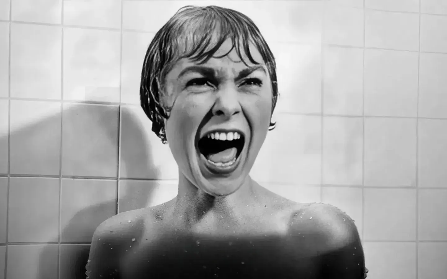 Cena icônica de Janet Leigh em Psicose (1960), exemplo clássico do arquétipo da 'Scream Girl' no cinema de terror, onde a mulher é vista como vítima.