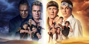 Pôster promocional de Cobra Kai dividido em duas partes: à esquerda, os vilões John Kreese e Terry Silver com expressões ameaçadoras sobre fundo escuro; à direita, Johnny Lawrence e Daniel LaRusso com bandanas do dojo Miyagi-Do sobre fundo claro, com imagens menores dos jovens alunos em posições de luta na parte inferior.
(Créditos: TMDB)