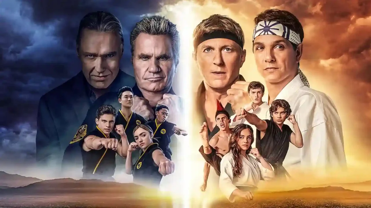 Pôster promocional de Cobra Kai dividido em duas partes: à esquerda, os vilões John Kreese e Terry Silver com expressões ameaçadoras sobre fundo escuro; à direita, Johnny Lawrence e Daniel LaRusso com bandanas do dojo Miyagi-Do sobre fundo claro, com imagens menores dos jovens alunos em posições de luta na parte inferior.
(Créditos: TMDB)