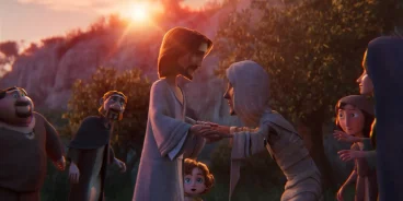 Jesús realiza un milagro frente a Walter Dickens, en escena de El Rey de Reyes, animación de Angel Studios (Créditos: Heaven Content)
