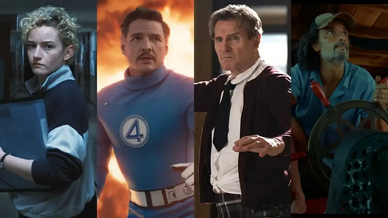 A programação da Semana do Cinema está recheada de estrelas. Destaques incluem Pedro Pascal em 'Quarteto Fantástico', Liam Neeson em 'Corra que a Polícia Vem Aí', Julia Garner em 'A Hora do Mal' e o premiado 'O Último Azul'. (Créditos: Divulgação / Montagem: Filmelier)